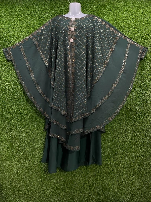 Humeira Abaya Heavy Work Green Colour Triple Layer Stone Work MS Abaya in Al Nida Fabric - 54, Green, 300 gm