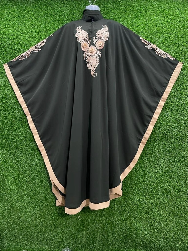 Humeira Abaya Dubai Style 2 Flower White Embroidery Abaya in Al Nida Fabric - 54, Black, 300 gm