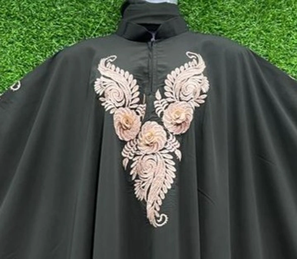 Humeira Abaya Dubai Style 2 Flower White Embroidery Abaya in Al Nida Fabric - 54, Black, 300 gm