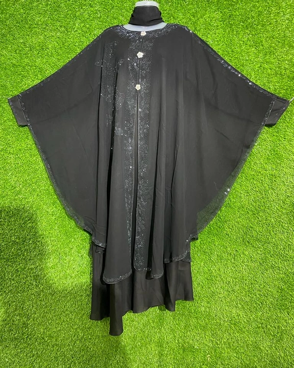 Humeira Abaya Indian Style Lotus Type Stone Bell Abaya in Al Nida Fabric - 54, Black, 300 gm