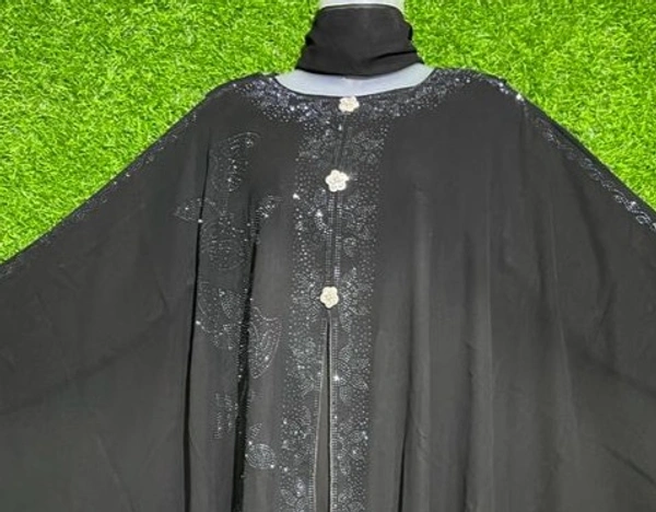 Humeira Abaya Indian Style Lotus Type Stone Bell Abaya in Al Nida Fabric - 54, Black, 300 gm