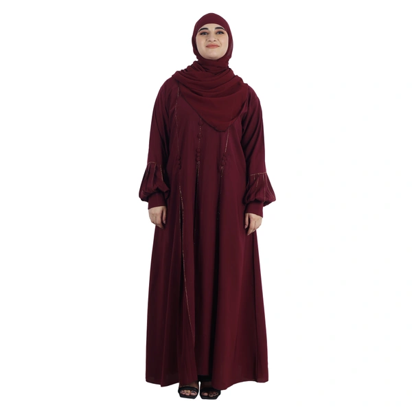 Humeira Abaya Baloon Kuff Sleeves Abaya With Front Stone & Button Kali Style Burkha Abaya for Girls with Dupatta & NosePiece - 54, Red, 300 gms