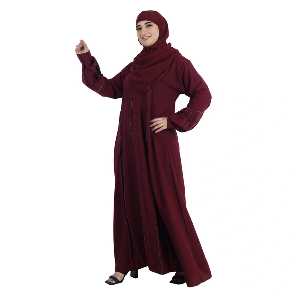 Humeira Abaya Baloon Kuff Sleeves Abaya With Front Stone & Button Kali Style Burkha Abaya for Girls with Dupatta & NosePiece - 54, Red, 300 gms