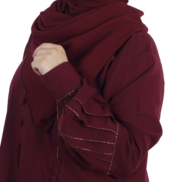 Humeira Abaya Baloon Kuff Sleeves Abaya With Front Stone & Button Kali Style Burkha Abaya for Girls with Dupatta & NosePiece - 54, Red, 300 gms