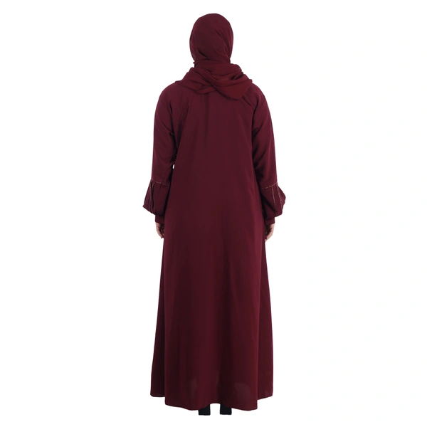 Humeira Abaya Baloon Kuff Sleeves Abaya With Front Stone & Button Kali Style Burkha Abaya for Girls with Dupatta & NosePiece - 54, Red, 300 gms