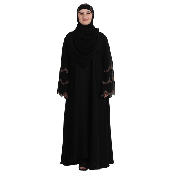 Humeira Abaya 3 Layer Cutwor Golden Stone Work Sleeves Simple Abaya in Al Nida Fabric - 54, Black, 300 gms