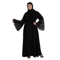 Humeira Abaya 3 Layer Cutwor Golden Stone Work Sleeves Simple Abaya in Al Nida Fabric - 54, Black, 300 gms