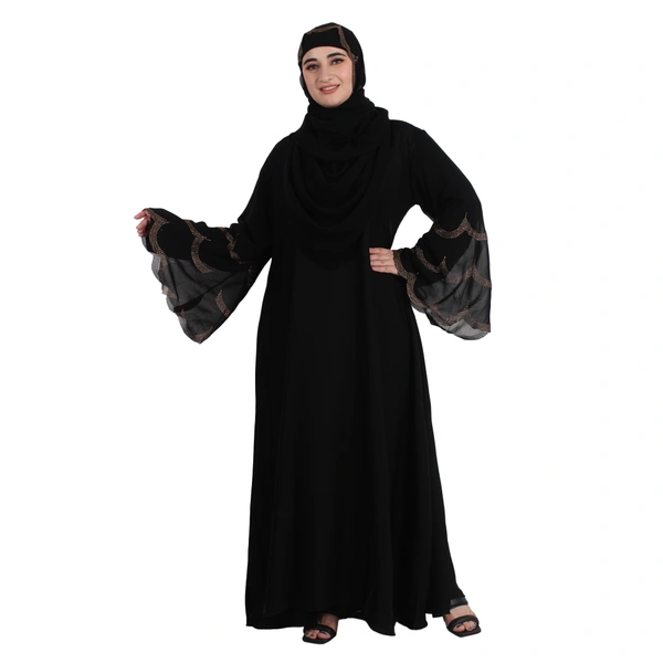 Humeira Abaya 3 Layer Cutwor Golden Stone Work Sleeves Simple Abaya in Al Nida Fabric - 54, Black, 300 gms