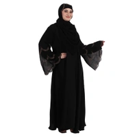 Humeira Abaya 3 Layer Cutwor Golden Stone Work Sleeves Simple Abaya in Al Nida Fabric - 54, Black, 300 gms