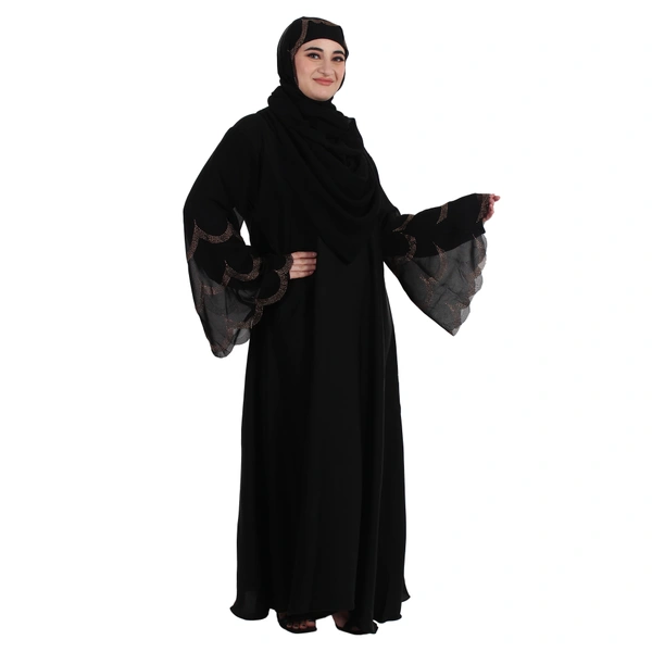 Humeira Abaya 3 Layer Cutwor Golden Stone Work Sleeves Simple Abaya in Al Nida Fabric - 54, Black, 300 gms