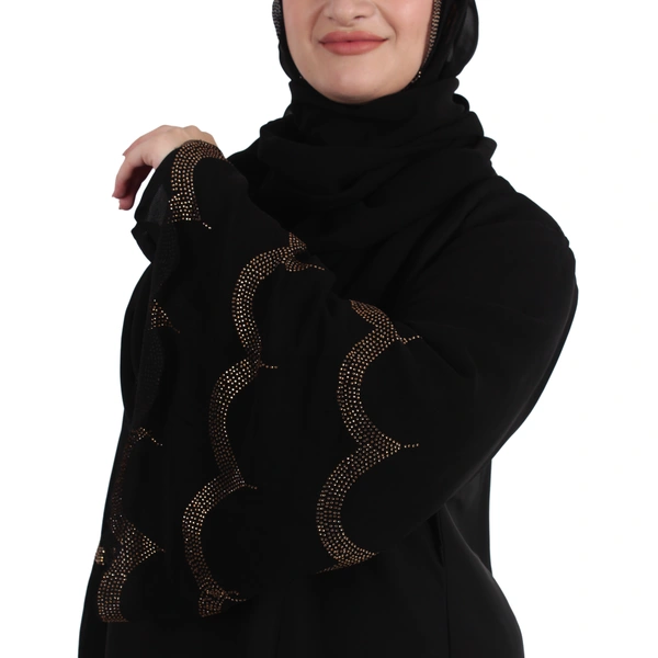Humeira Abaya 3 Layer Cutwor Golden Stone Work Sleeves Simple Abaya in Al Nida Fabric - 54, Black, 300 gms