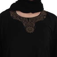 Humeira Abaya 3 Layer Cutwor Golden Stone Work Sleeves Simple Abaya in Al Nida Fabric - 54, Black, 300 gms