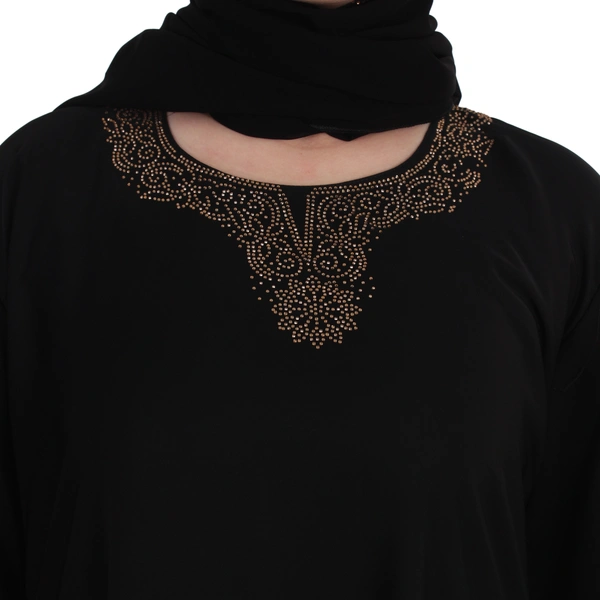 Humeira Abaya 3 Layer Cutwor Golden Stone Work Sleeves Simple Abaya in Al Nida Fabric - 54, Black, 300 gms