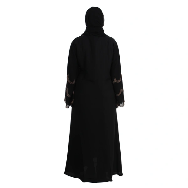 Humeira Abaya 3 Layer Cutwor Golden Stone Work Sleeves Simple Abaya in Al Nida Fabric - 54, Black, 300 gms