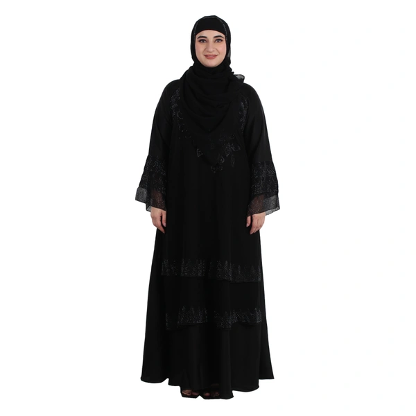 Humeira Abaya Dubai Style Double Bottom Layer Burkha in Al Nida Fabric With Stone Work - 54, Black, 300 gms