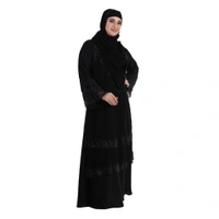 Humeira Abaya Dubai Style Double Bottom Layer Burkha in Al Nida Fabric With Stone Work - 54, Black, 300 gms