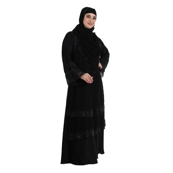 Humeira Abaya Dubai Style Double Bottom Layer Burkha in Al Nida Fabric With Stone Work - 54, Black, 300 gms