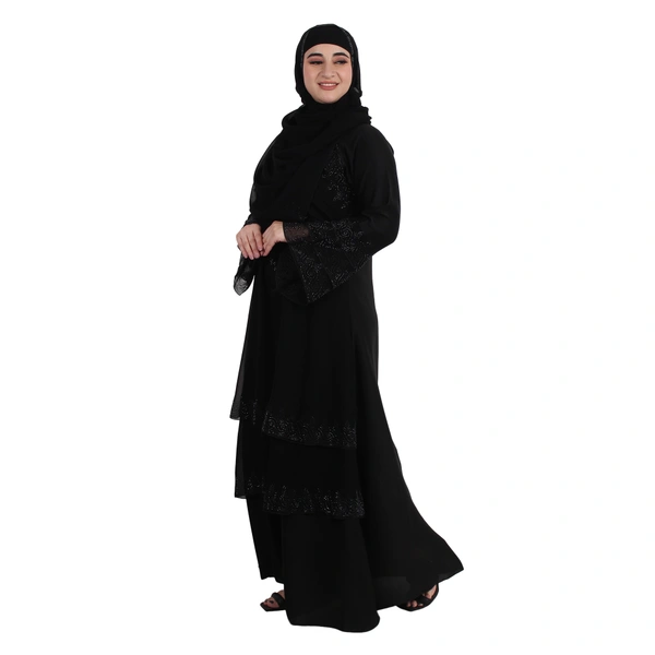 Humeira Abaya Dubai Style Double Bottom Layer Burkha in Al Nida Fabric With Stone Work - 54, Black, 300 gms