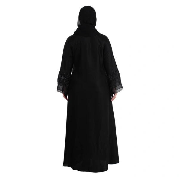 Humeira Abaya Dubai Style Double Bottom Layer Burkha in Al Nida Fabric With Stone Work - 54, Black, 300 gms