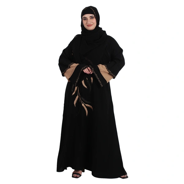 Humeira Abaya Dubai Style Front Leaf Embroidery Beautiful Abaya in Al Firdous Fabric - 54, Black, 300 gms