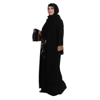 Humeira Abaya Dubai Style Front Leaf Embroidery Beautiful Abaya in Al Firdous Fabric - 54, Black, 300 gms