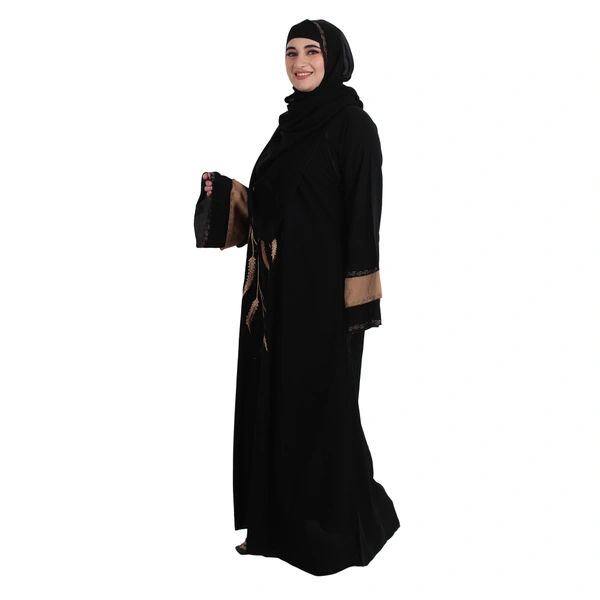 Humeira Abaya Dubai Style Front Leaf Embroidery Beautiful Abaya in Al Firdous Fabric - 54, Black, 300 gms