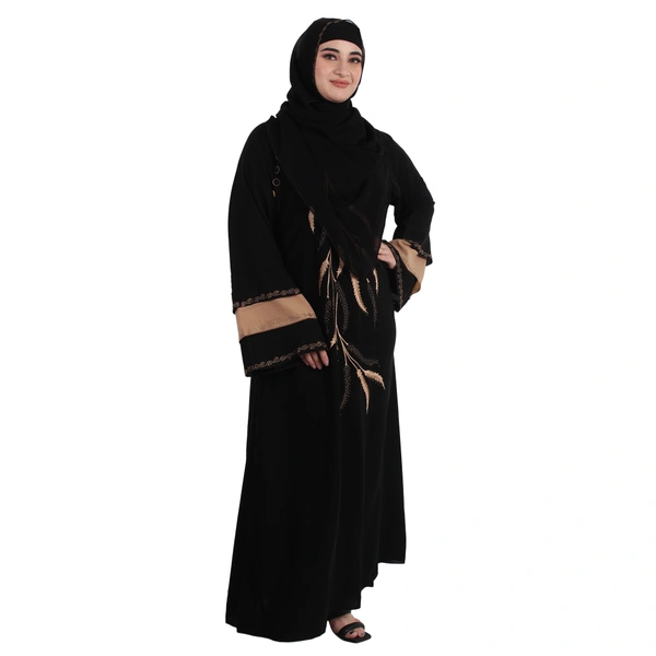 Humeira Abaya Dubai Style Front Leaf Embroidery Beautiful Abaya in Al Firdous Fabric - 54, Black, 300 gms