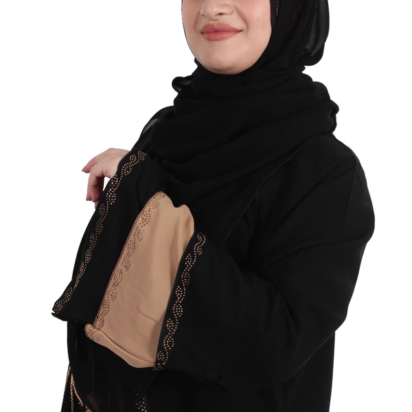 Humeira Abaya Dubai Style Front Leaf Embroidery Beautiful Abaya in Al Firdous Fabric - 54, Black, 300 gms
