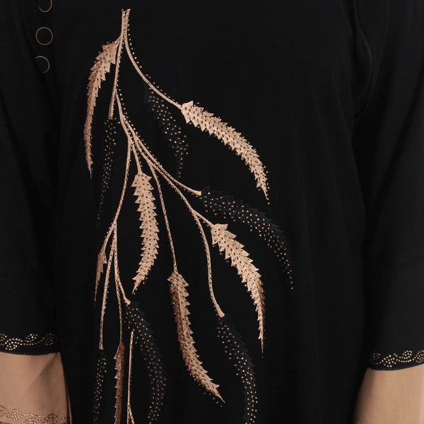 Humeira Abaya Dubai Style Front Leaf Embroidery Beautiful Abaya in Al Firdous Fabric - 54, Black, 300 gms