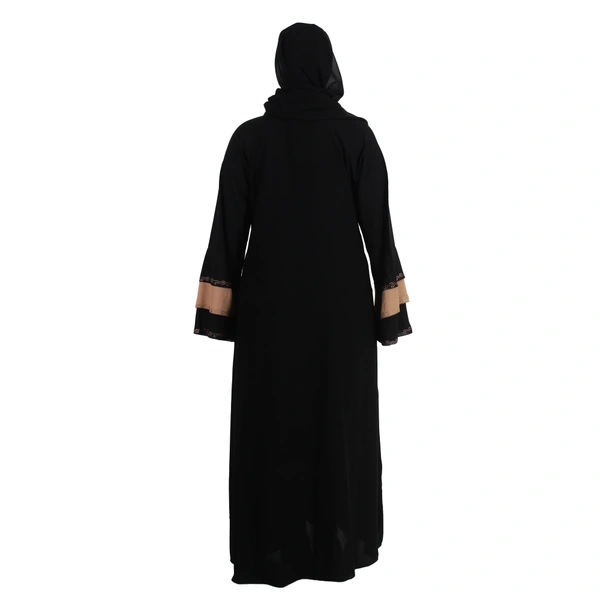 Humeira Abaya Dubai Style Front Leaf Embroidery Beautiful Abaya in Al Firdous Fabric - 54, Black, 300 gms