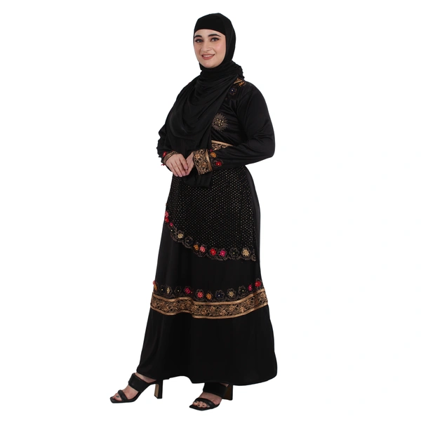 Humeira Abaya Heavy Golden Stone & Flower Work Burkha in Crystal Fabric - 54, Black, 300 gms