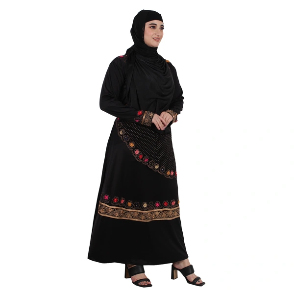 Humeira Abaya Heavy Golden Stone & Flower Work Burkha in Crystal Fabric - 54, Black, 300 gms