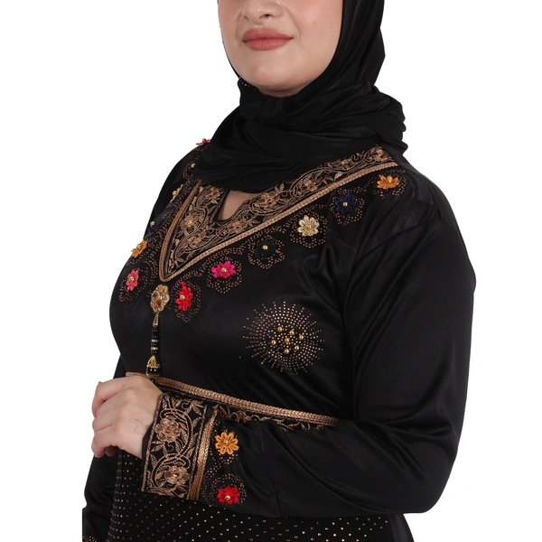 Humeira Abaya Heavy Golden Stone & Flower Work Burkha in Crystal Fabric - 54, Black, 300 gms