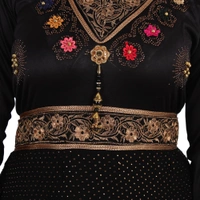 Humeira Abaya Heavy Golden Stone & Flower Work Burkha in Crystal Fabric - 54, Black, 300 gms