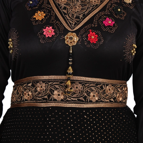 Humeira Abaya Heavy Golden Stone & Flower Work Burkha in Crystal Fabric - 54, Black, 300 gms
