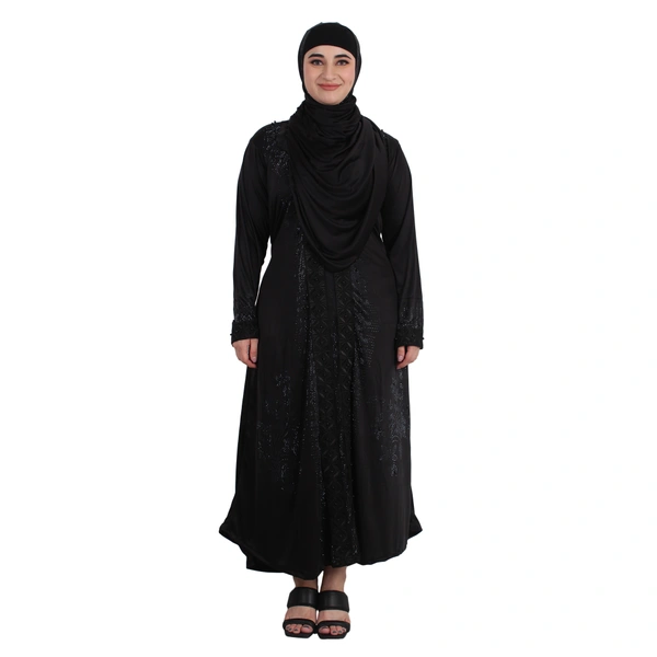 Humeira Abaya Dubai Style Crystal Embroidery Burkha With Pearl & Stone Work With Dupatta & NosePiece - 54, Black, 300 gms