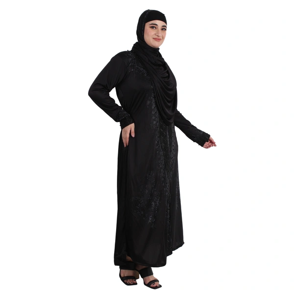 Humeira Abaya Dubai Style Crystal Embroidery Burkha With Pearl & Stone Work With Dupatta & NosePiece - 54, Black, 300 gms