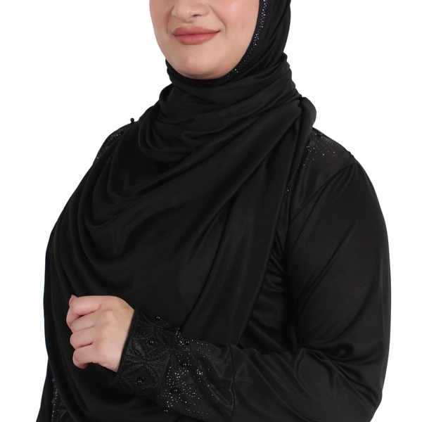 Humeira Abaya Dubai Style Crystal Embroidery Burkha With Pearl & Stone Work With Dupatta & NosePiece - 54, Black, 300 gms