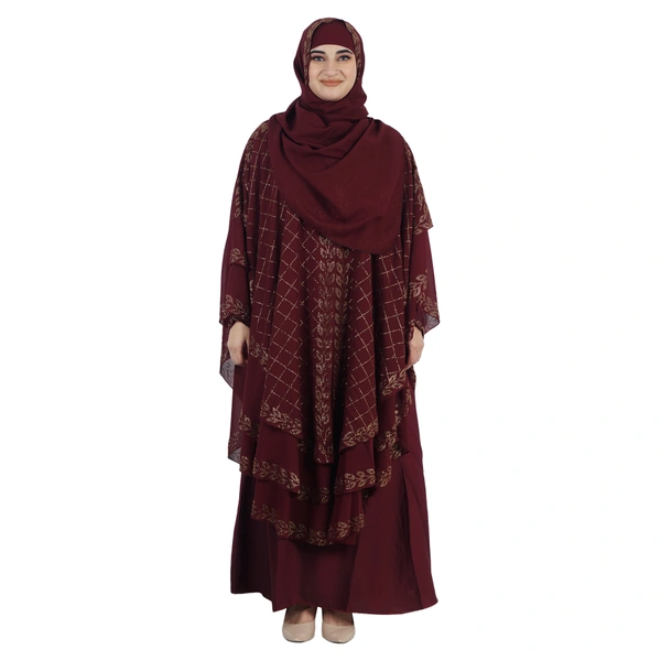 Humeira Abaya Dubai Style 3 Layer Heavy Stone Work Farasha in Al Nida Fabric With Self Atteched & Extra Dupatta - 54, Maroon, 300 gms