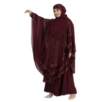 Humeira Abaya Dubai Style 3 Layer Heavy Stone Work Farasha in Al Nida Fabric With Self Atteched & Extra Dupatta - 54, Maroon, 300 gms