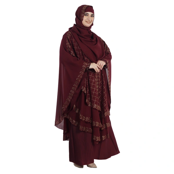 Humeira Abaya Dubai Style 3 Layer Heavy Stone Work Farasha in Al Nida Fabric With Self Atteched & Extra Dupatta - 54, Maroon, 300 gms