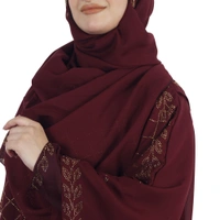 Humeira Abaya Dubai Style 3 Layer Heavy Stone Work Farasha in Al Nida Fabric With Self Atteched & Extra Dupatta - 54, Maroon, 300 gms