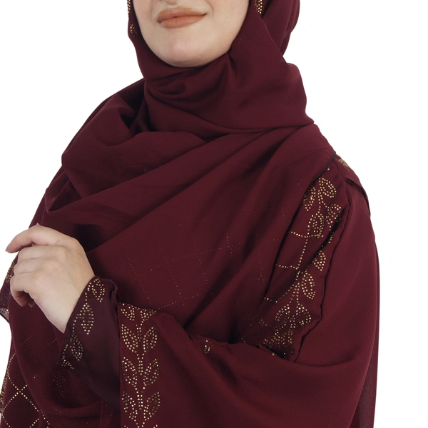 Humeira Abaya Dubai Style 3 Layer Heavy Stone Work Farasha in Al Nida Fabric With Self Atteched & Extra Dupatta - 54, Maroon, 300 gms