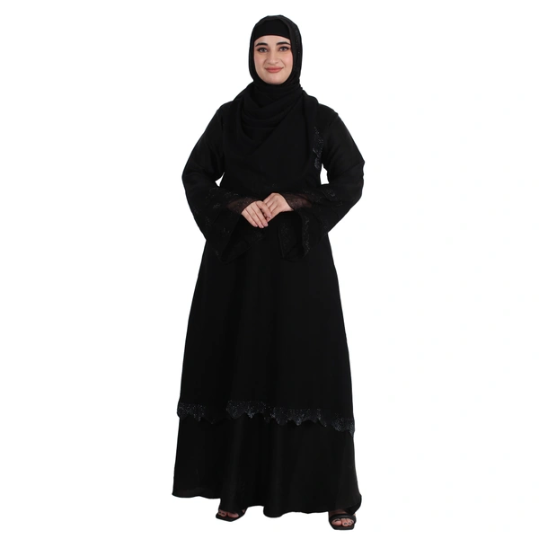 Humeira Abaya Dubai Style Double Layer Gulab Buta Burkha in Al Nida Fabric - 54, Black, 300 gms