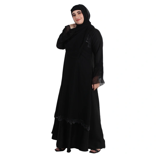 Humeira Abaya Dubai Style Double Layer Gulab Buta Burkha in Al Nida Fabric - 54, Black, 300 gms