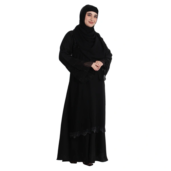 Humeira Abaya Dubai Style Double Layer Gulab Buta Burkha in Al Nida Fabric - 54, Black, 300 gms