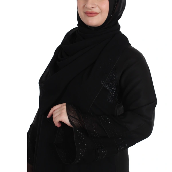 Humeira Abaya Dubai Style Double Layer Gulab Buta Burkha in Al Nida Fabric - 54, Black, 300 gms