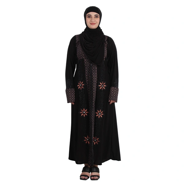 Humeira Abaya Dubai Style Koriya Kali Abaya in Crystal Fabric with Dupatta & NosePiece - 54, Black, 300 gms