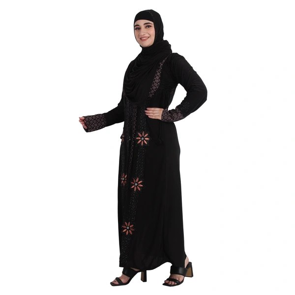 Humeira Abaya Dubai Style Koriya Kali Abaya in Crystal Fabric with Dupatta & NosePiece - 54, Black, 300 gms