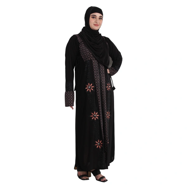 Humeira Abaya Dubai Style Koriya Kali Abaya in Crystal Fabric with Dupatta & NosePiece - 54, Black, 300 gms